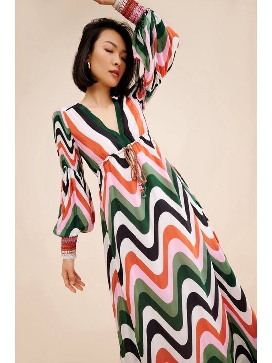 FARM Rio Dresses & Skirts - Farm Rio Women’s XS Abstract Wave Print Maxi Dress Long Sleeve Boho NWOT